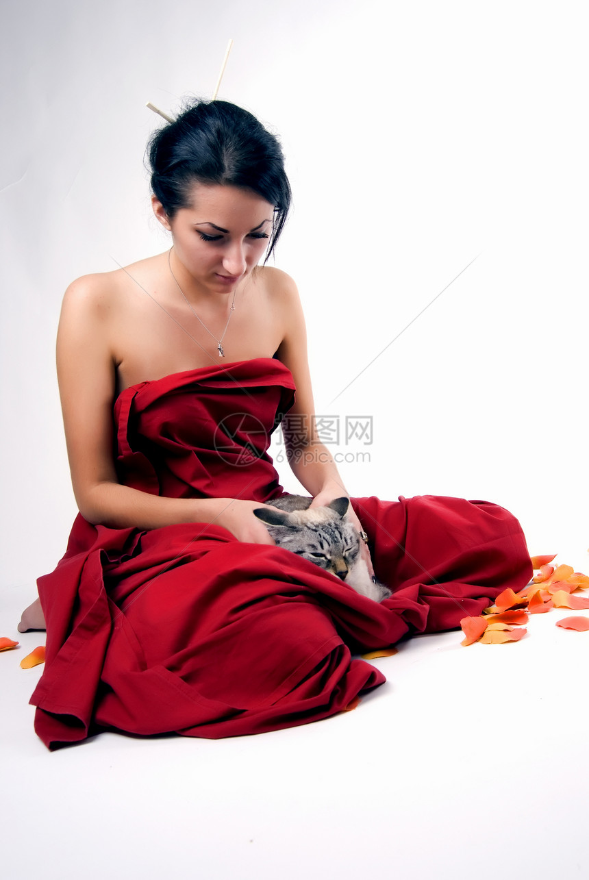 有猫的漂亮女人冒充亲热工作室女性投标美丽宠物乐趣拥抱喜悦图片