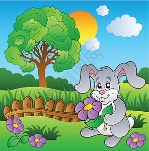 带兔子拿着花朵的草地卡通片高清图片素材