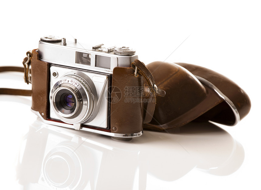 旧式摄影照相机袖珍镜片古物相机复古电影风格乐器白色古董图片