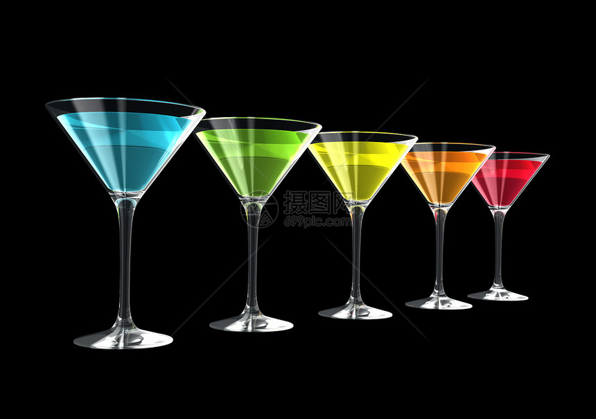 3D鸡尾酒杯水晶酒精眼镜饮料酒吧彩虹插图派对黑色蓝色图片