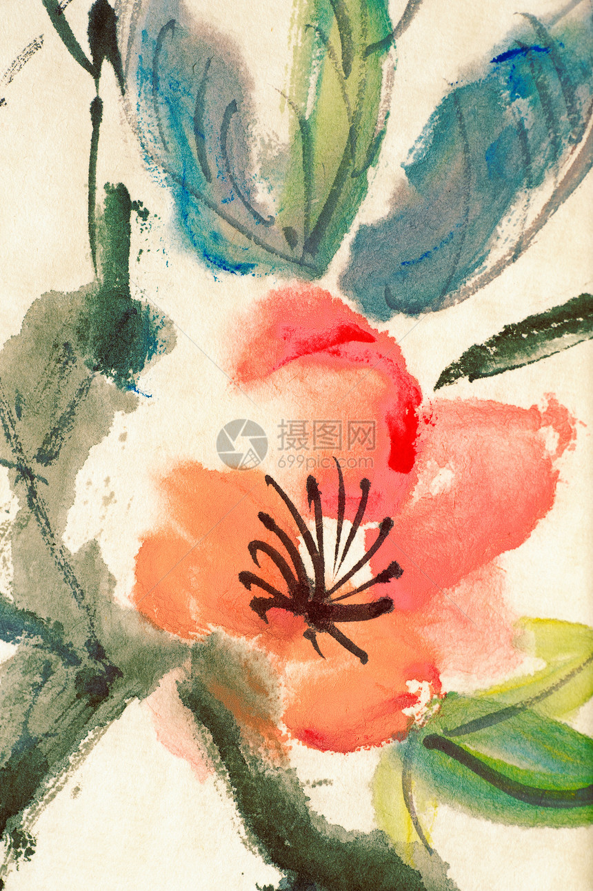 彩色中国绘画书法帆布文化传统艺术品手工刷子插图植物群艺术图片