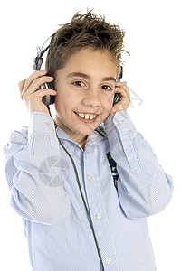 音乐白色乐趣孩子耳机娱乐喜悦童年歌曲男生微笑背景图片