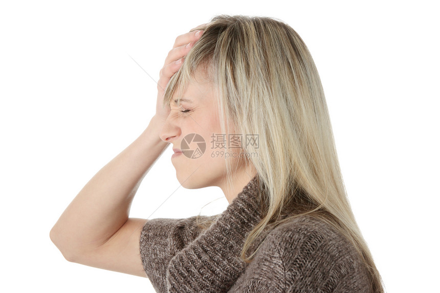 头头痛的妇女握着她的手顶着头部病人工作疾病药品保健压力伤害卫生成人女性图片