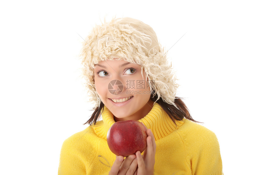 秋天有红苹果的女青年水果脖子食物冒充女性季节马球化妆品衣服毛衣图片