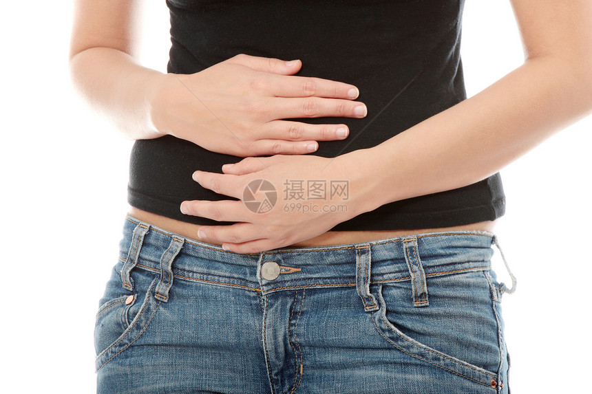胃有问题的妇女女性女孩成人牛仔裤时间疼痛腹痛经期疾病魅力图片