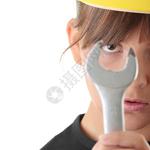 青年妇女建筑工建筑机器工具工人职业建设者帽子头盔安全工作女士高清图片素材