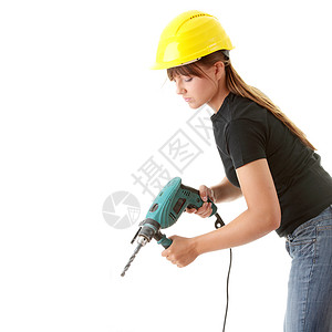 配备钻井机的年轻女性建筑工工具钻头钻孔头盔安全帽子男人商业腰带建设者机器高清图片素材