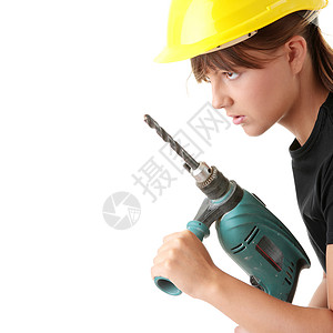 配备钻井机的年轻女性建筑工腰带女孩男人帽子机器职业钻头女士安全工作牛仔裤高清图片素材