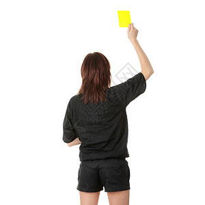 年轻女性裁判员足球衬衫纪律女士运动裁判黄色运动员卡片女孩背景图片