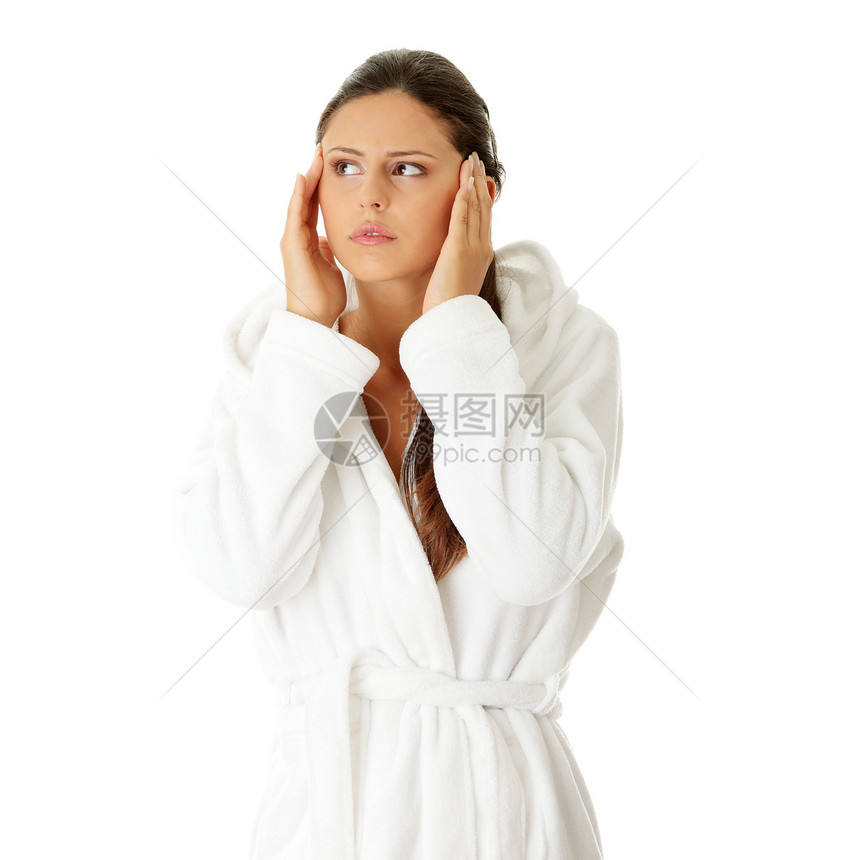 头痛的妇女女士洗澡病人症状卫生浴衣工作压力成人女性图片