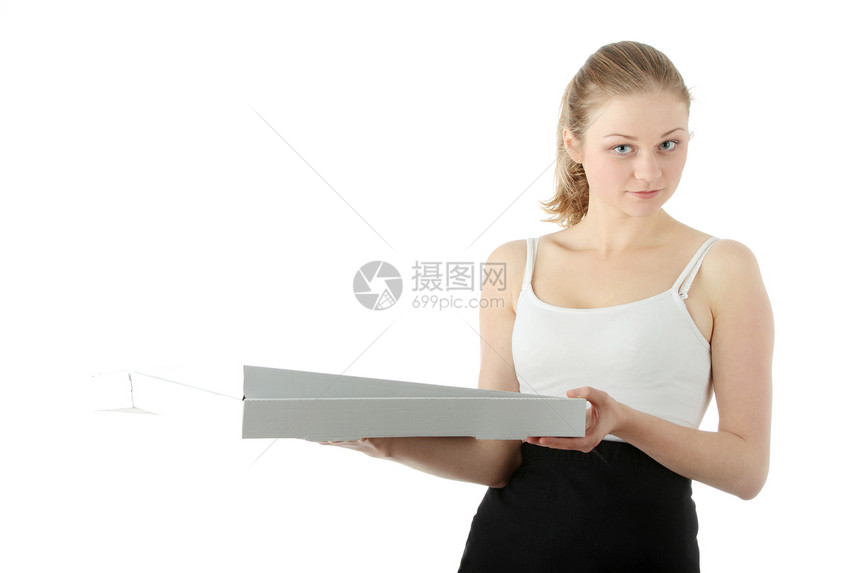送比萨饼盒子金发工人女性就业青少年商业晚餐服务女士图片