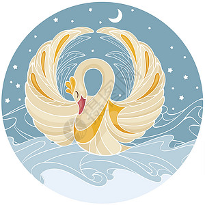 飞翔的天鹅抽象背景天鹅翅膀插图羽毛天空卡片绘画星星月亮圆圈设计图片