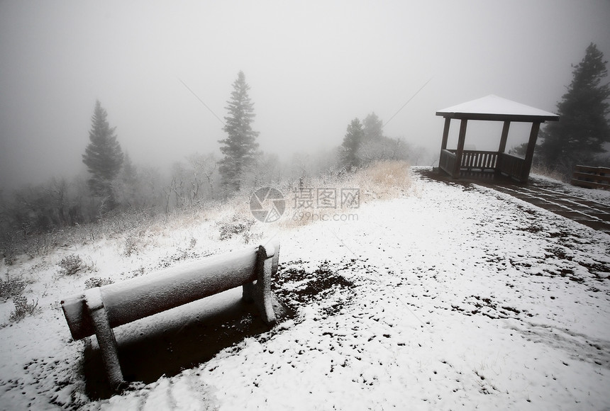 萨斯喀彻温省公园的冰雾天气人行道风景水平旅行中座长椅图片