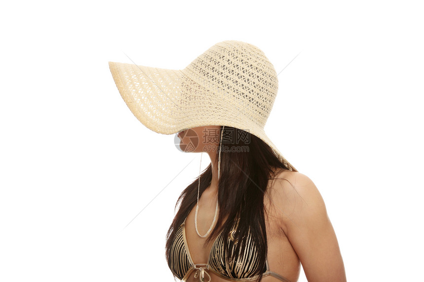 夏季妇女微笑魅力帽子太阳青少年旅游比基尼女孩头发身体图片