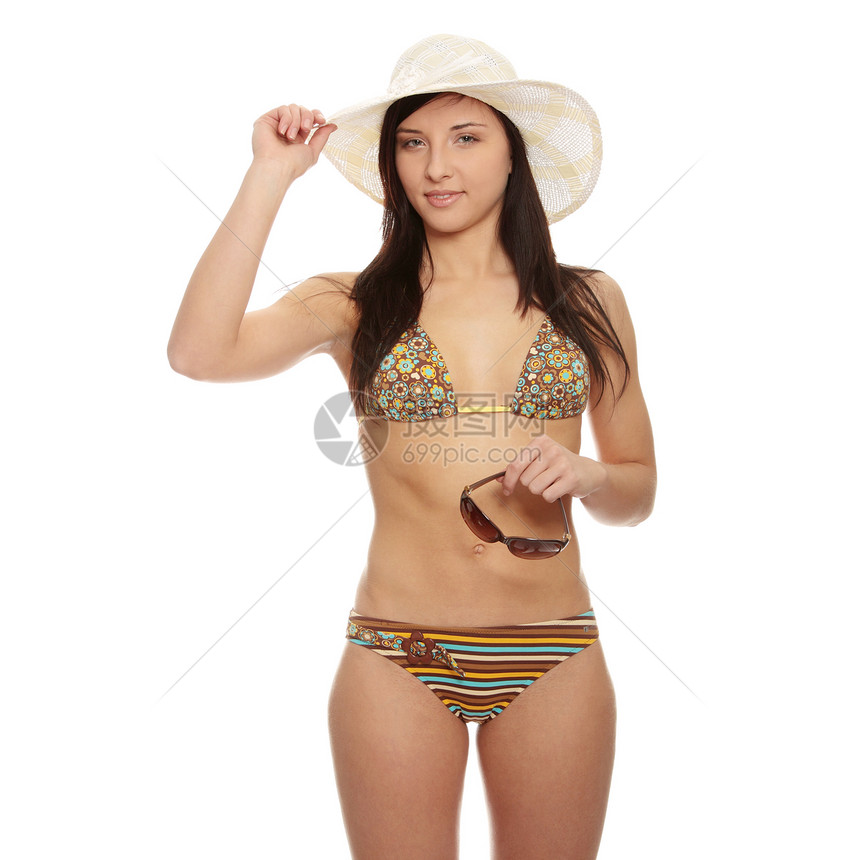 夏季妇女青年棕褐色旅行游泳衣女性帽子旅游比基尼假期微笑图片