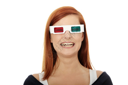 3D影视镜中的妇女技术青少年乐趣女性观众快乐娱乐白色微笑幸福背景图片
