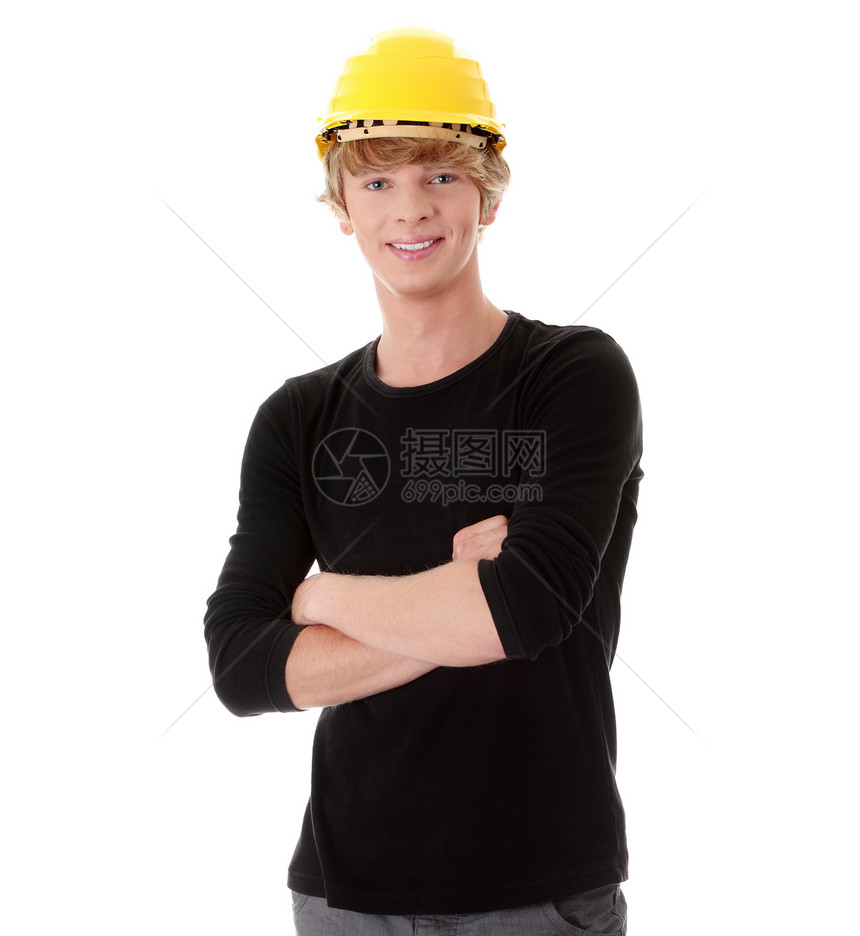 穿黄色头盔的青年散工建筑学工作建设者员工修理工工程师建筑师男人承包商安全帽图片