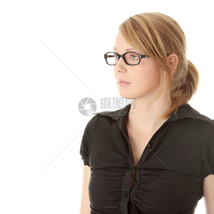 一个戴眼镜的漂亮年轻女人的肖像秘书办公室女孩大学商务金发生意人眼睛皮肤快乐图片