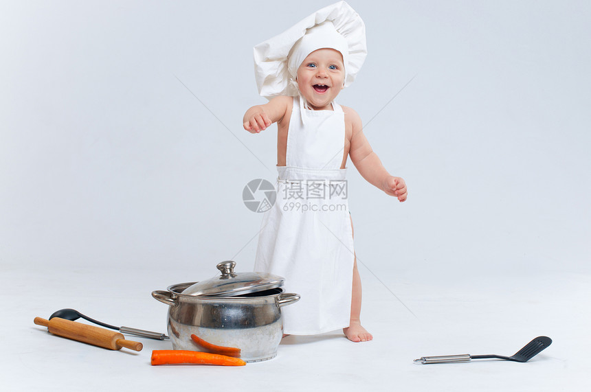 小厨师钢包婴儿烹饪男生孩子们厨房食物饮食孩子微笑图片