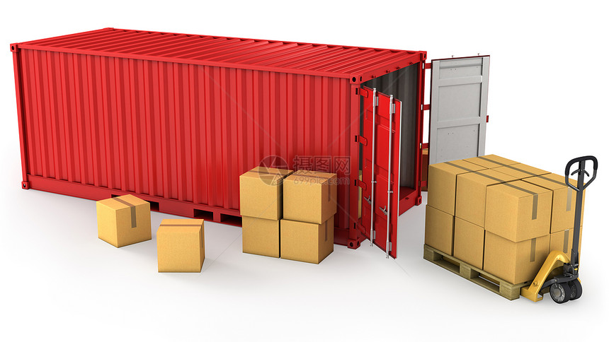红色打开了集装箱和托盘上的许多纸箱仓库贮存商业白色出口运输卡车船运海洋工业图片