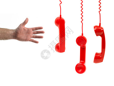 听珍器红色电话手听器技术塑料情况帮助听筒男性棕榈旋转白色数字背景