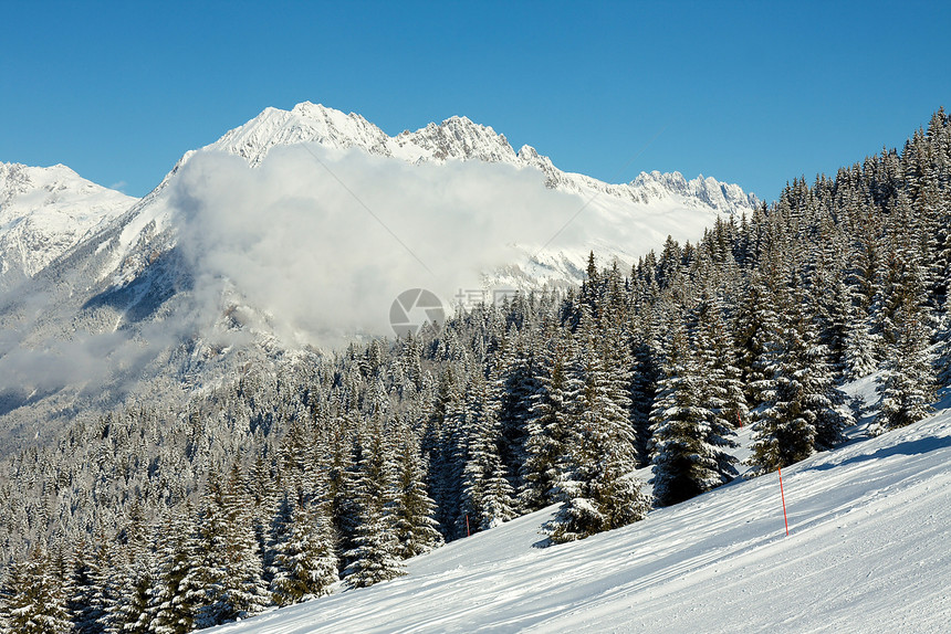 山山脉松树全景滑雪远足季节天空旅行假期地形运动图片