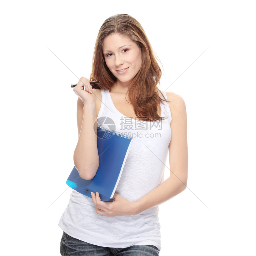 学生妇女女孩女士蓝色大学快乐教育女性演讲笔记本微笑图片