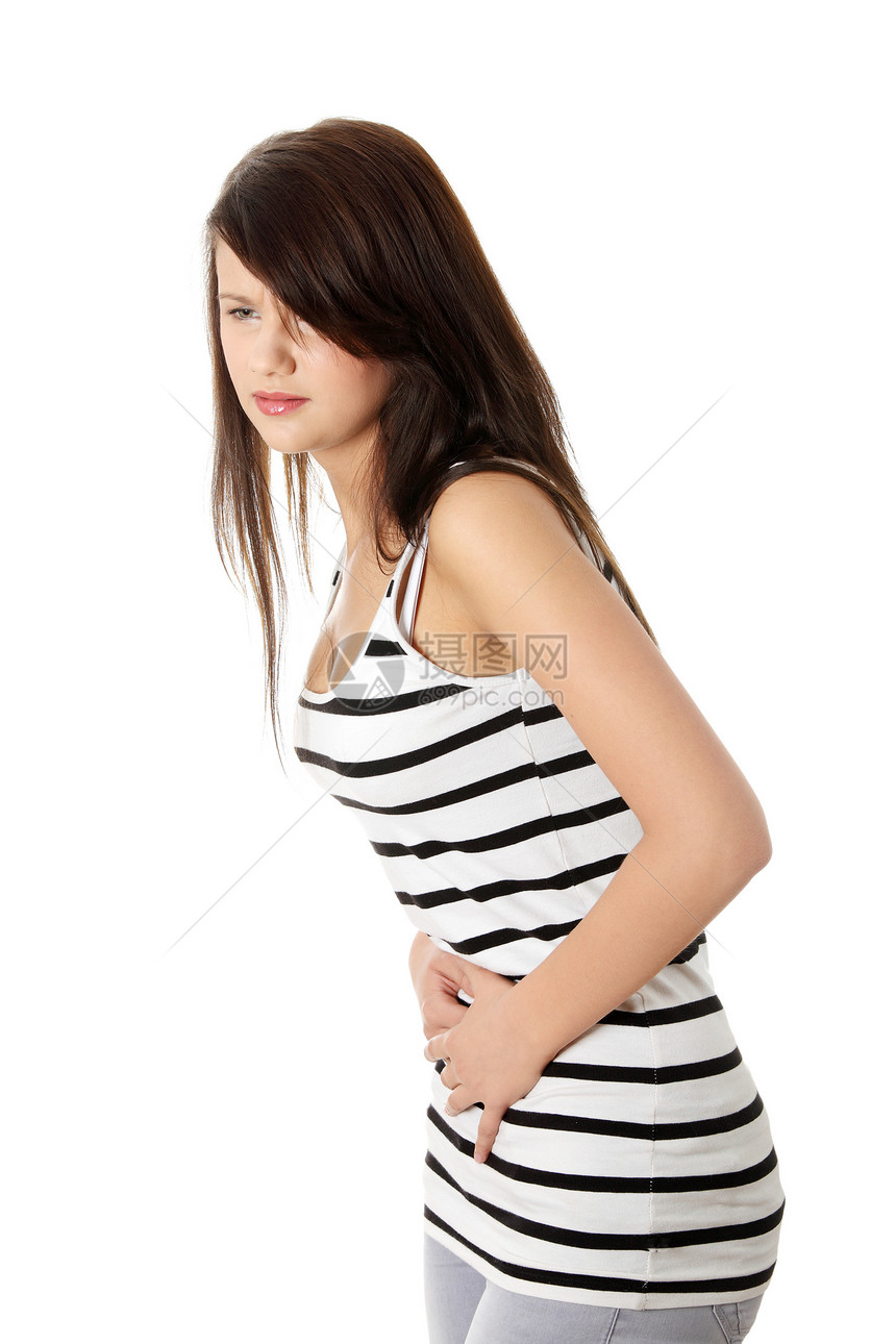 有胃病的年轻女性黑发经期成人女孩腹痛头发白色商业女士医疗图片