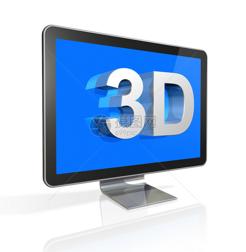 带有3D文字的 3D 电视屏幕电影电子产品金属技术展示白色电脑显示器宽屏娱乐电脑图片