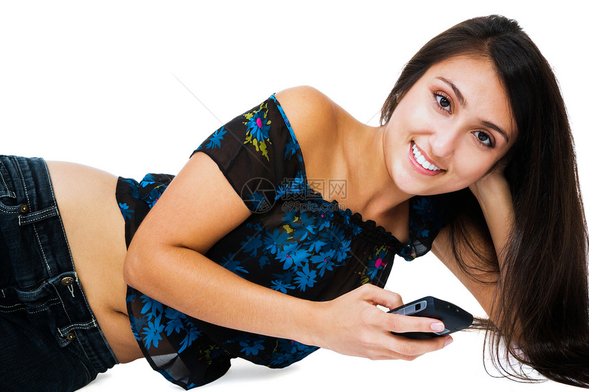 青年妇女短信信息幸福闲暇电话电讯女士衣服讯息活动说谎发送图片