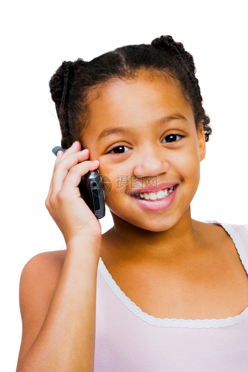 女孩在移动电话上说话沟通技术手机机动性童年电讯孩子衣服听力背心图片