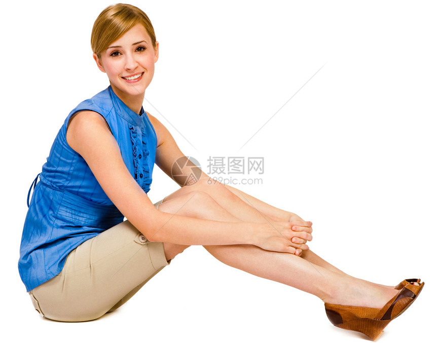 妇女装扮的肖像女士鞋类蓝色混血幸福凉鞋白色姿势美丽乐趣图片