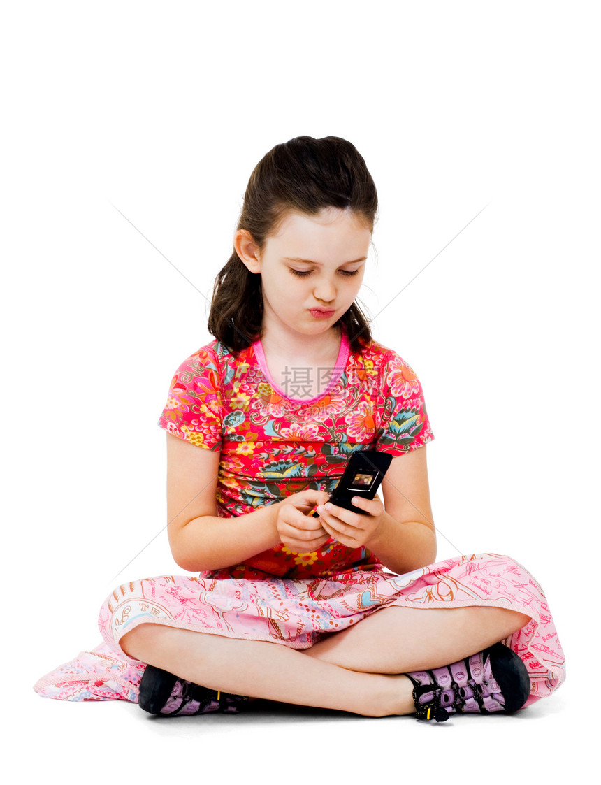 女孩短信裙子童年电话手机衣服孩子技术鞋类白色机动性图片