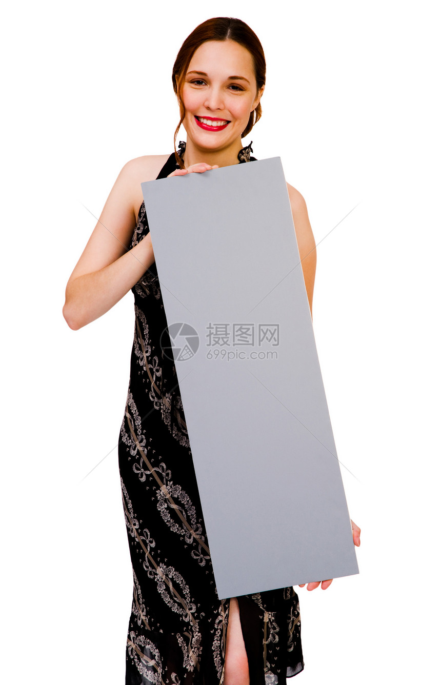 显示女性标牌白色裙子沟通姿势灰色乐趣空白衣服女士幸福图片