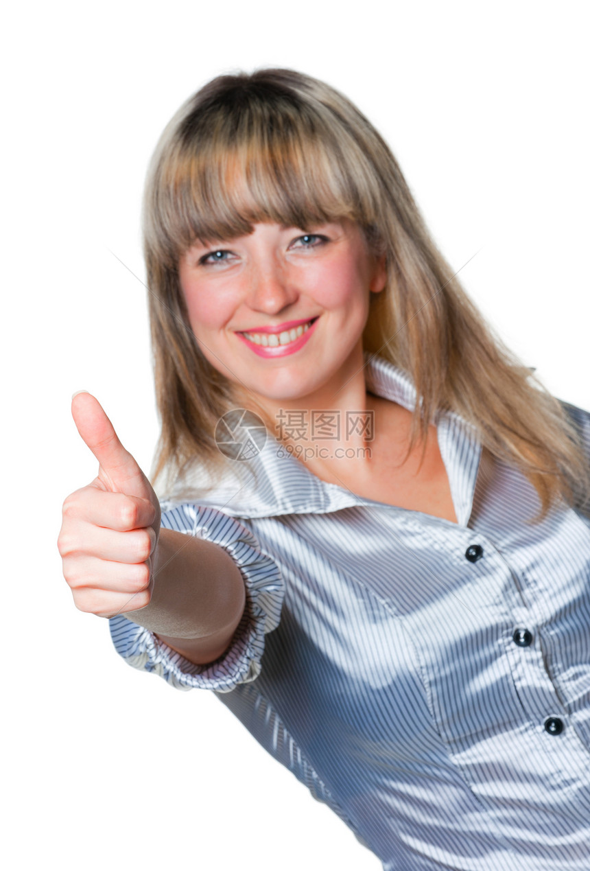 妇女机智举起手来微笑青年金发商业手势协议女性商务女士快乐图片