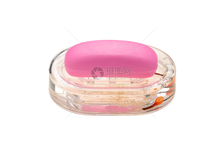 在透明肥皂托盘中用粉红色的肥皂身体甘油粉色宏观化妆品香水皂盒洗涤家务洁净图片