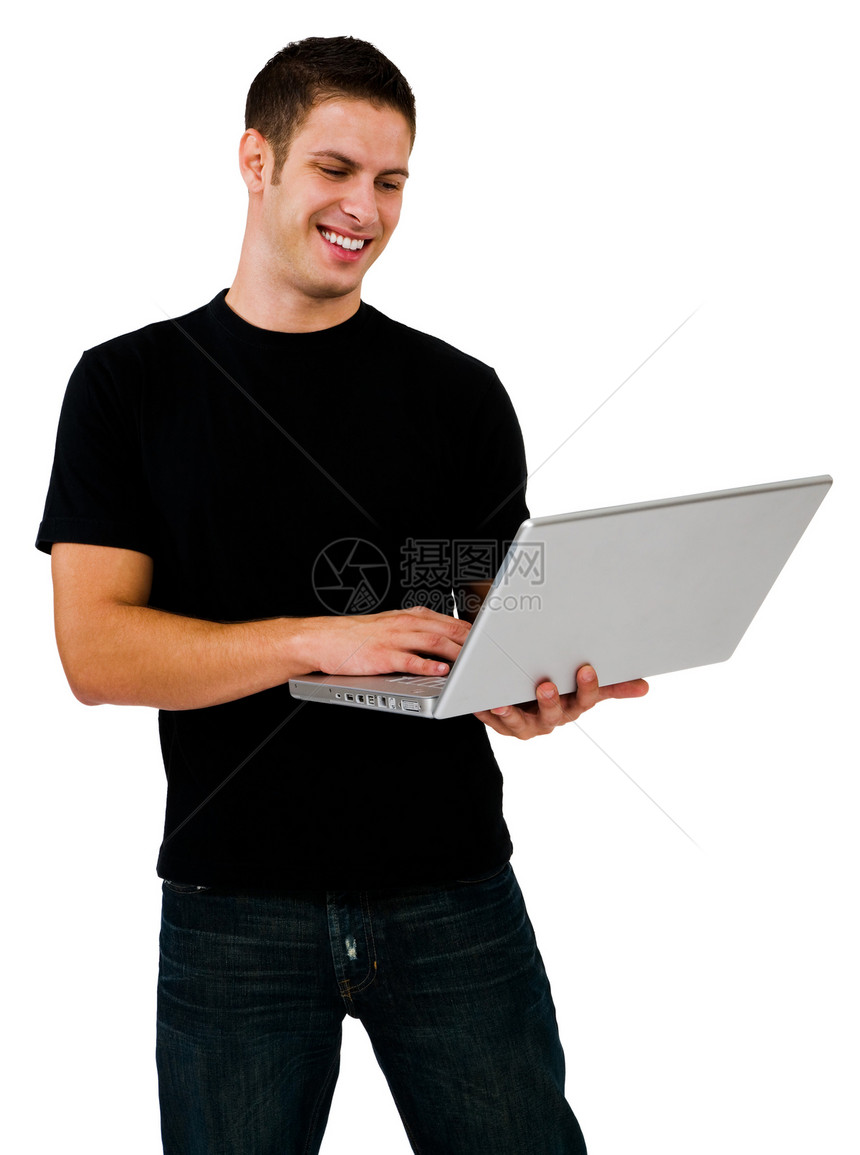 使用笔记本电脑微笑的人冲浪白色幸福互联网机动性技术衣服电子邮件电讯男人图片