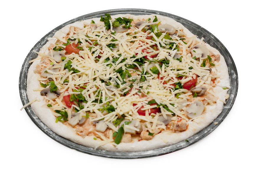 未烹煮的素食披萨蘑菇蔬菜餐厅美食食物胡椒晚餐香肠小吃配料图片