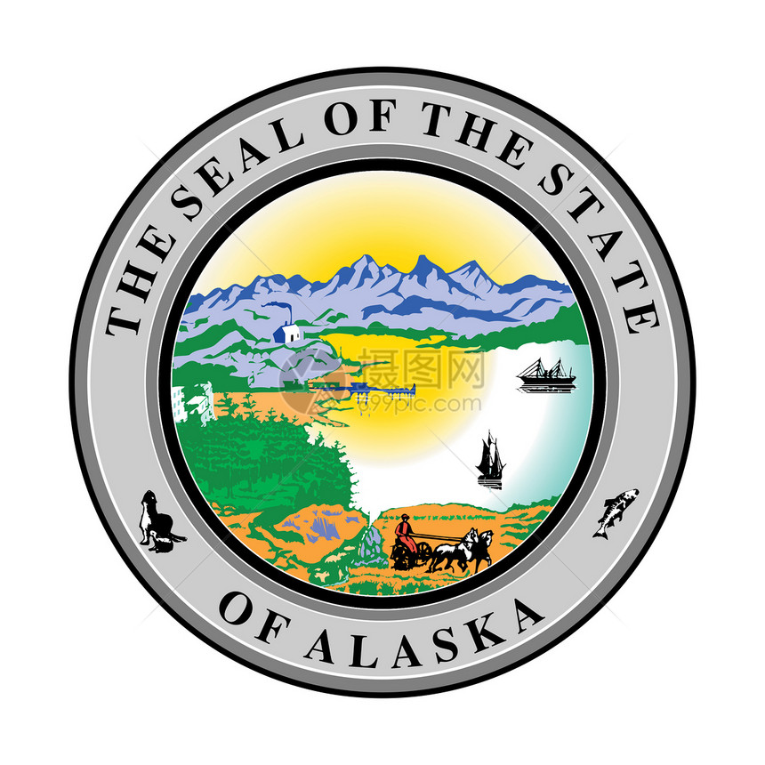 阿拉斯加州海豹图形化领土印象白色邮票圆形插图图片