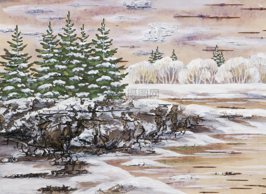 冬季西伯利亚地貌雪堆爬坡国家寒冷绘画天气生态手工木头森林图片