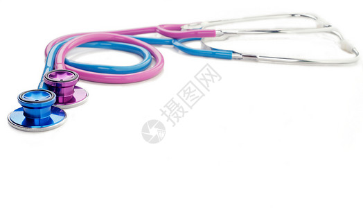 粉色和蓝色听诊器测试工具医院乐器女性药品男性医疗背景图片