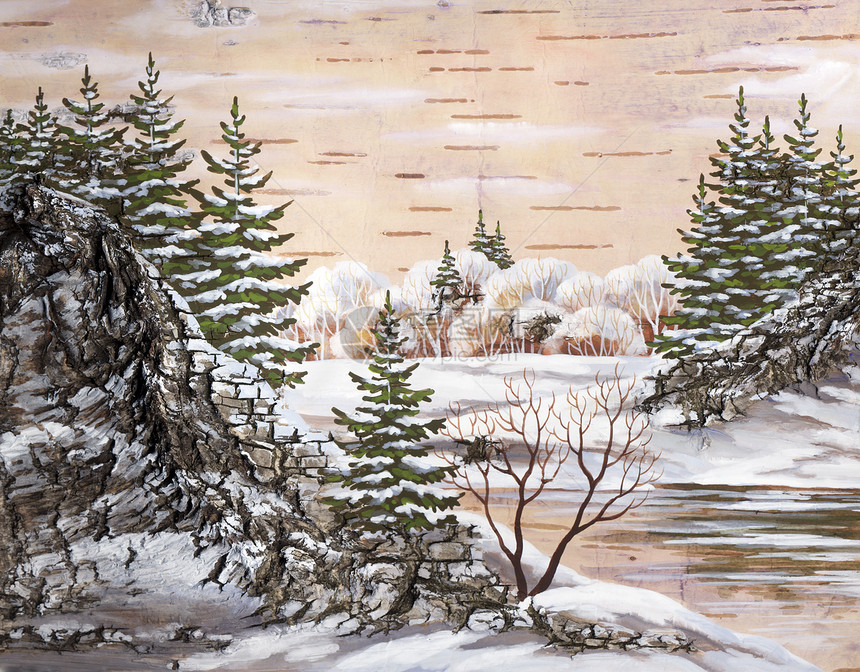 西伯利亚冬季湖绘画艺术爬坡生活树木木头桦木手工荒野生态图片