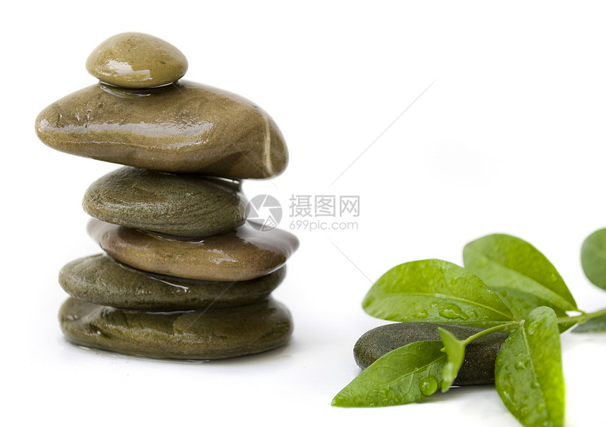 平衡的石头药品冥想绿色鹅卵石温泉卵石生活植物树叶治疗图片