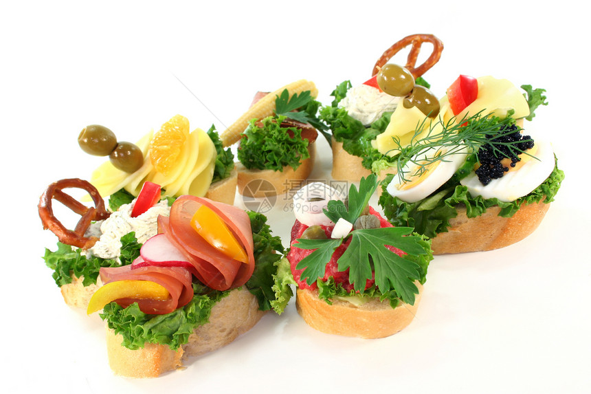 卡纳帕装潢沙拉小吃面包火腿蔬菜零食草药香肠小菜图片