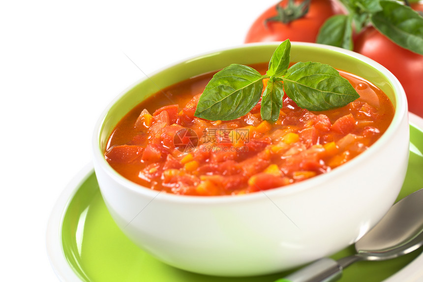丰盛的番茄汤红色营养草本植物照片水平食物午餐蔬菜叶子图片
