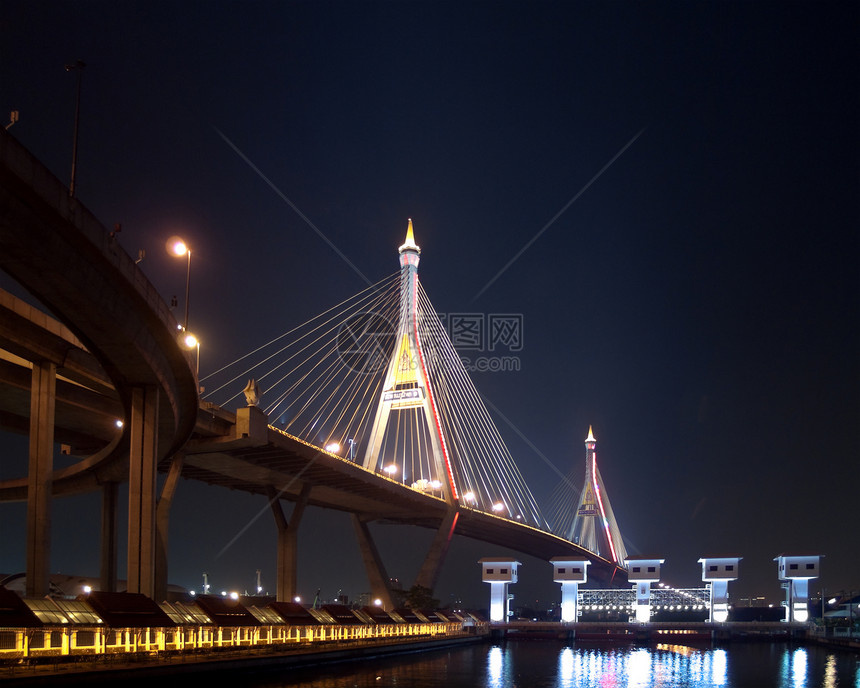 Bhumibol桥的一部分地标运输城市戒指景观工程风景聚光灯建筑天空图片