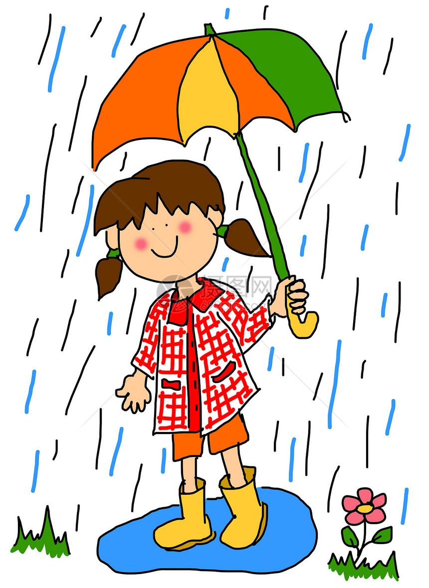 带伞式漫画的小女孩乐趣风暴胶靴绘画卡通片外套草图水坑孩子天气图片
