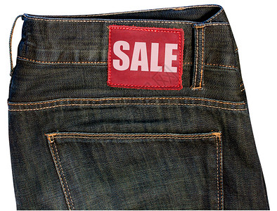 配有售卖标志的Jeans裤子折扣织物口袋标签牛仔布徽章牛仔裤出口衣服背景图片