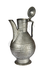 白色背景的旧灰金属罐头咖啡壶投手喷口黄铜收藏品水壶花瓶金属茶壶血管背景图片