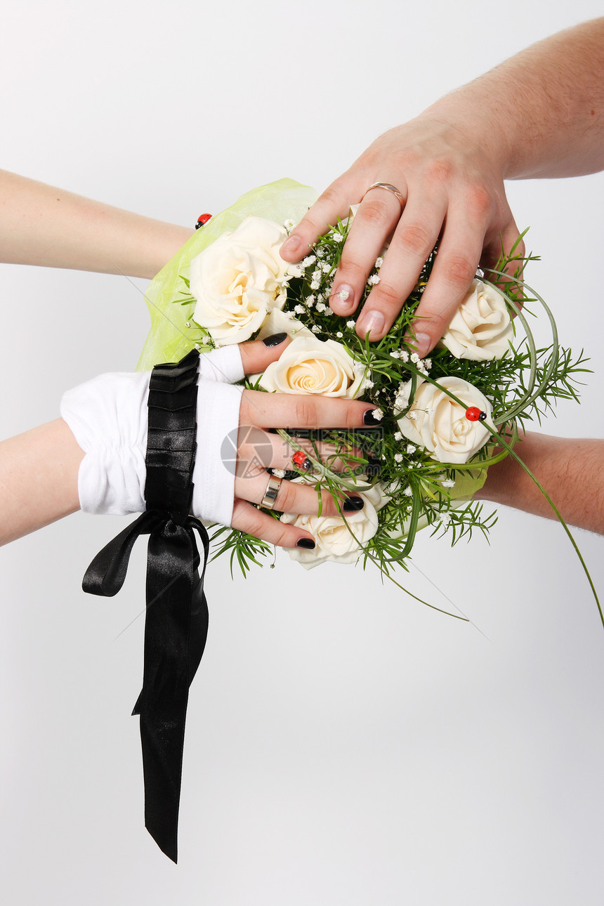 白色婚礼花束婚姻夫妻新娘仪式美丽太阳植物边界叶子金子图片